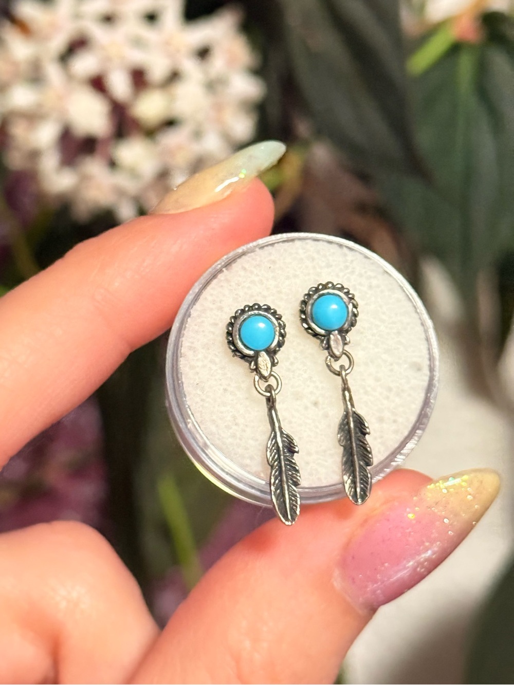 Vintage Handcrafted Turquoise Dangle Earrings Sterling Silver Feather 925 Boho